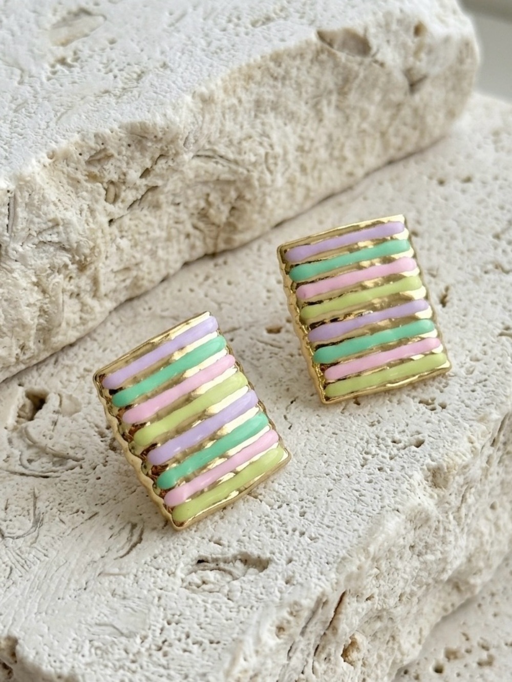 14K Gold Plated Pastel Stripe Rectangular Earrings | Lightweight Jewelry - Picture 2 of 8